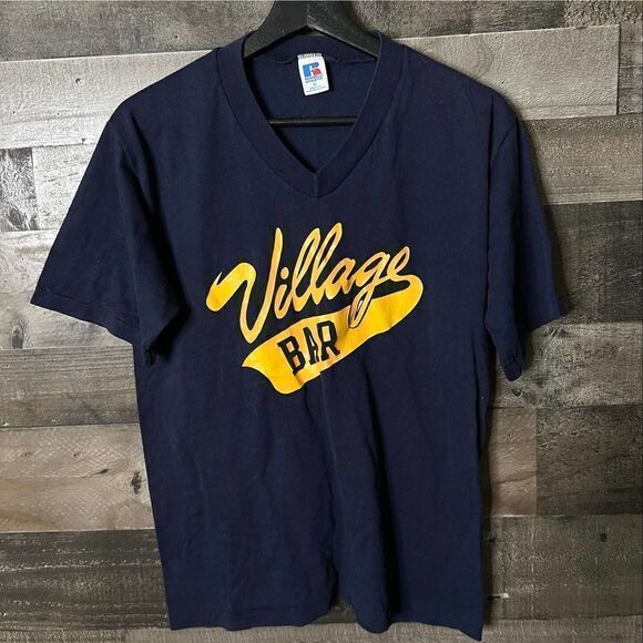 Vintage 70s 80s Russell Athletic Village Bar V Neck Made In USA Shirt Medium - Picture 1 of 3